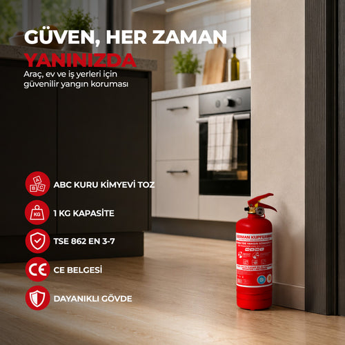 1 Kg ABC KKT Yangın Tüpü, TSE 862 EN 3-7, CE ve ISO 9001:2000 Belgeli Araç, Ev ve İşyeri Yangın Söndürme Tüpü