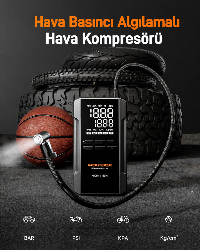 2'si 1 Arada 4000A Akü Takviye Cihazı ve 160 PSI Lastik Şişirici Kompresör