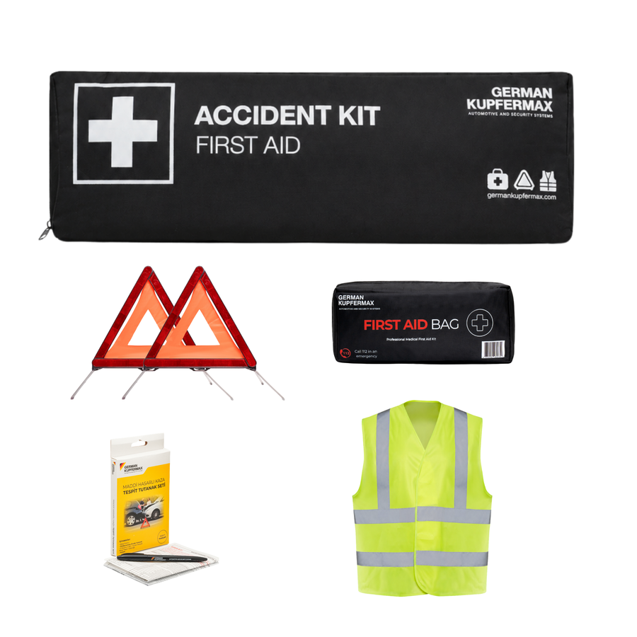 Accident Kit: Araç Acil Durum ve Kaza Seti, E Belgeli 2 Reflektör, Reflektörlü Yelek, 15 Parça İlk Yardım Çantası ve Kaza Tespit Tutanağı Seti