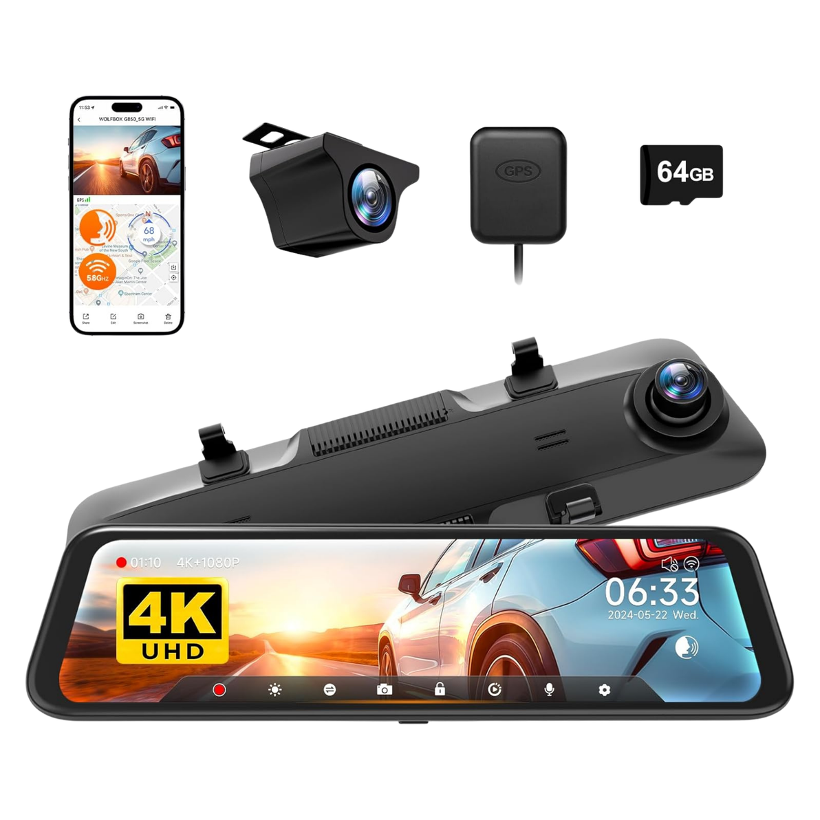 G850 12 Inch 4K WiFi GPS 64 GB Mirror Car Camera