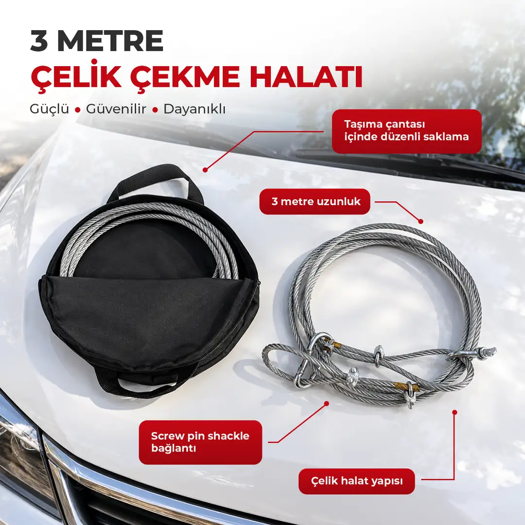 Çelik Çeki Halatı 3 Metre 35mm Vidalı U Kilit Oto Çekme 5