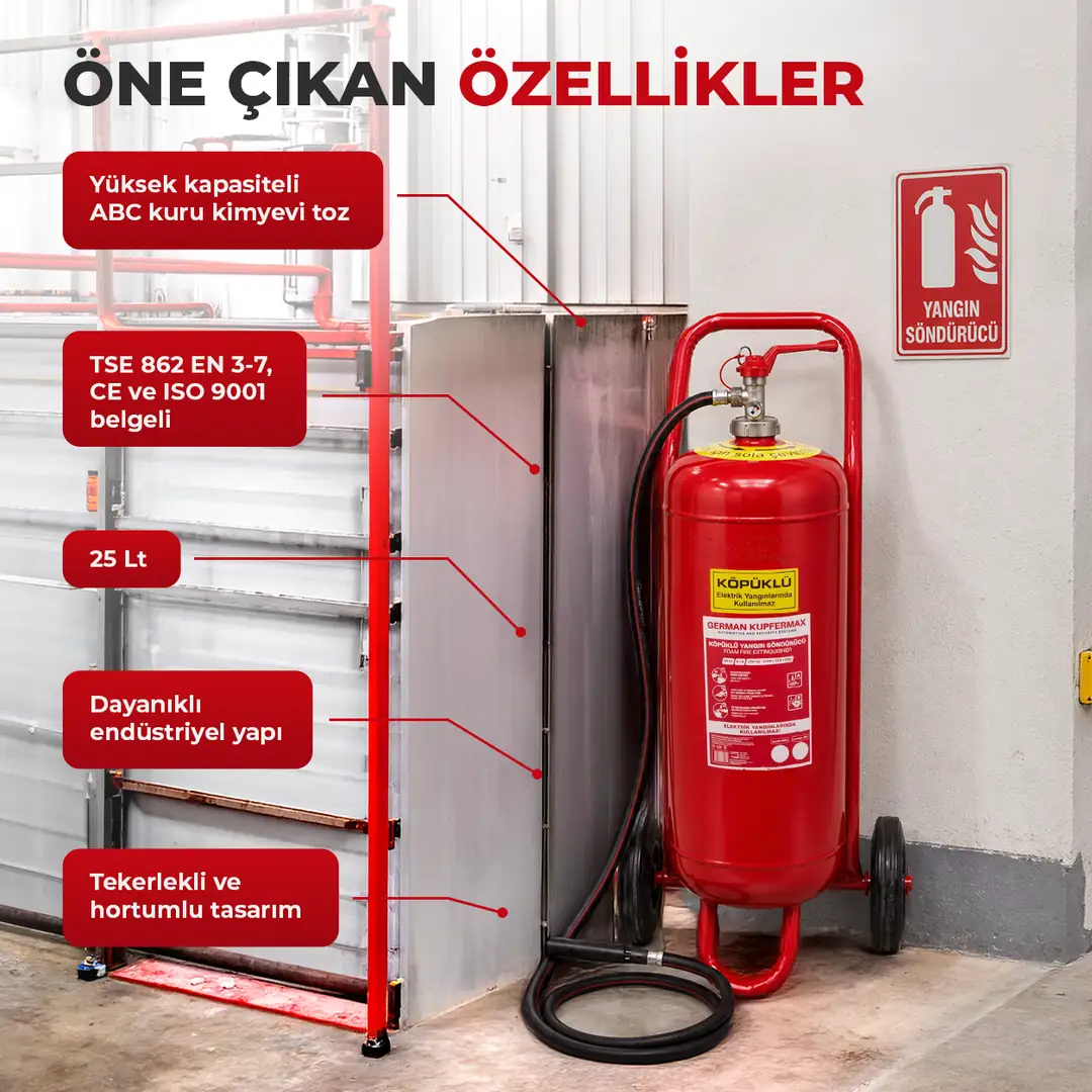 25 LT Tekerlekli Köpüklü Yangın Söndürücü A B Sınıfı 4