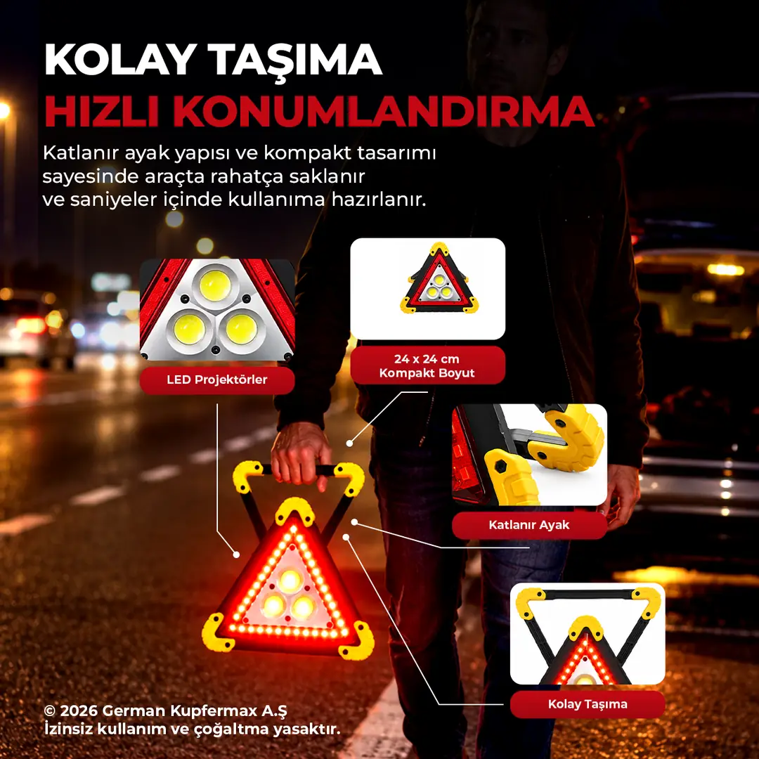Portatif ,Şarj Edilebilir Üçgen Reflektör LED 5 Mod 3