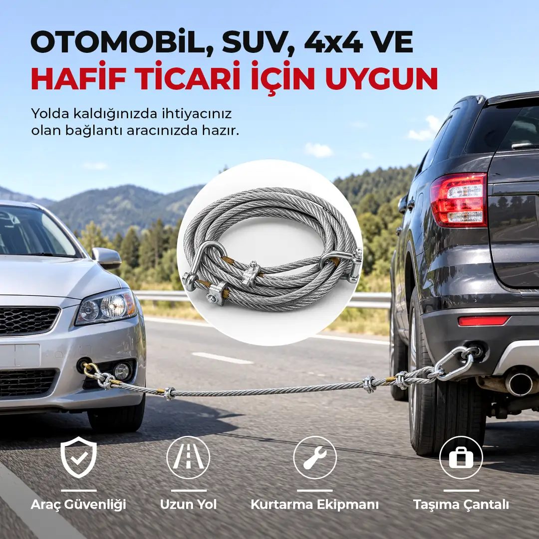 Çelik Çeki Halatı 3 Metre 35mm Vidalı U Kilit Oto Çekme 2