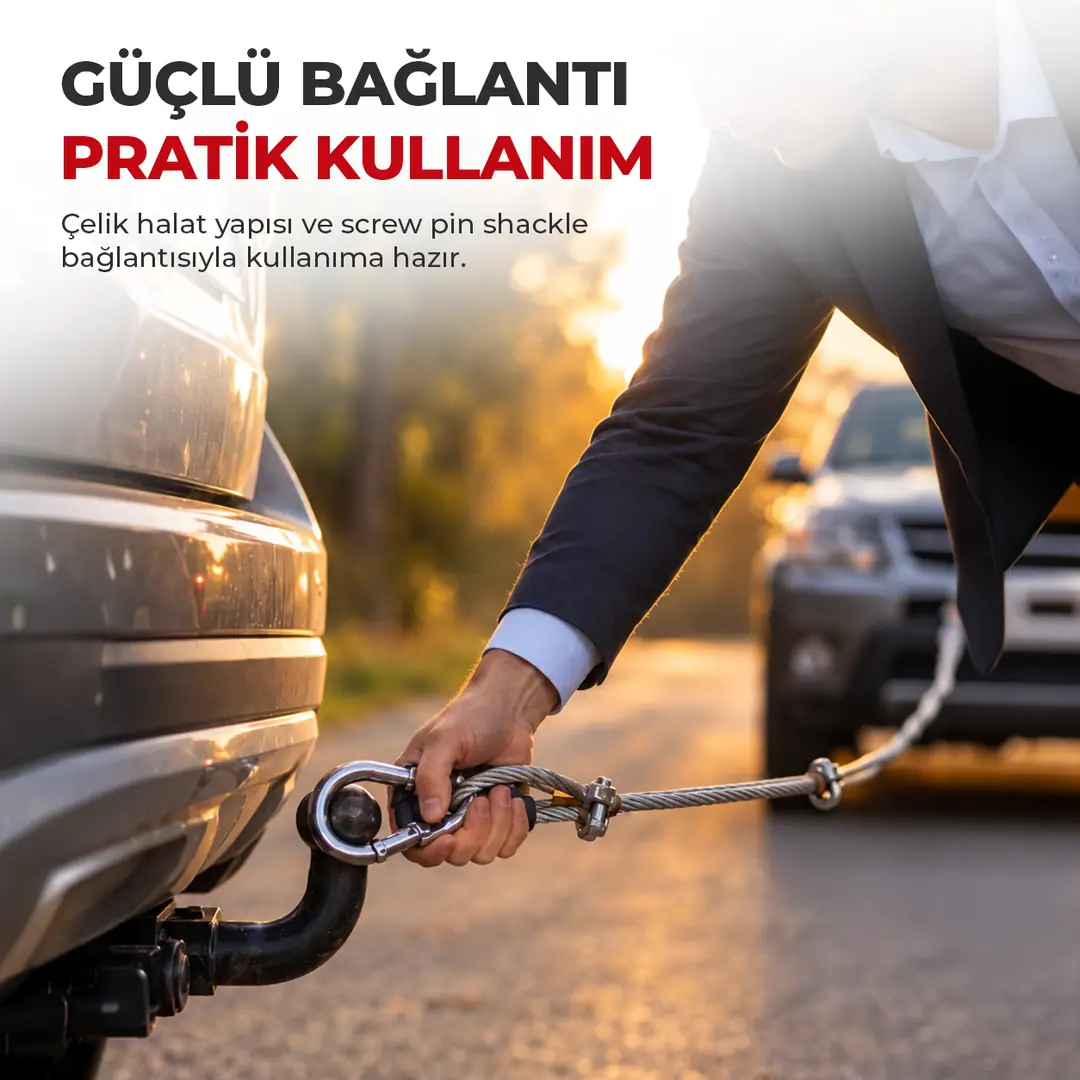 Çelik Çeki Halatı 3 Metre 35mm Vidalı U Kilit Oto Çekme 4